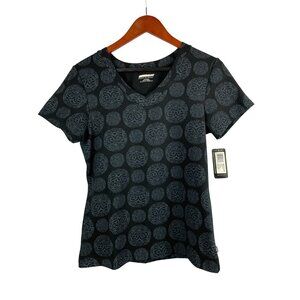 Jockey Womens Sport T-Shirt Medium V-Neck Deep Black Print 92% Cotton 8% Spandex